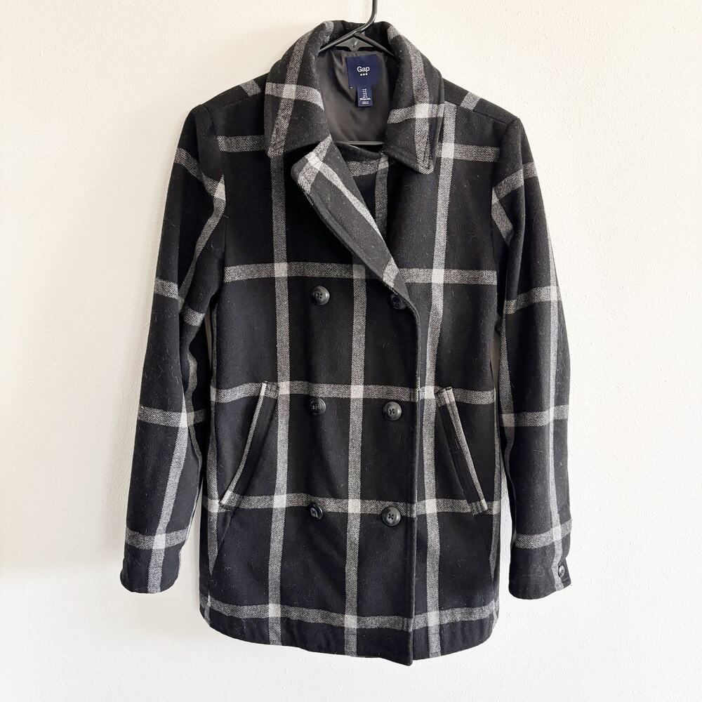 Gap Vintage Sz S Womens Double Breasted Pea Coat Black & White Plaid Wool Blend